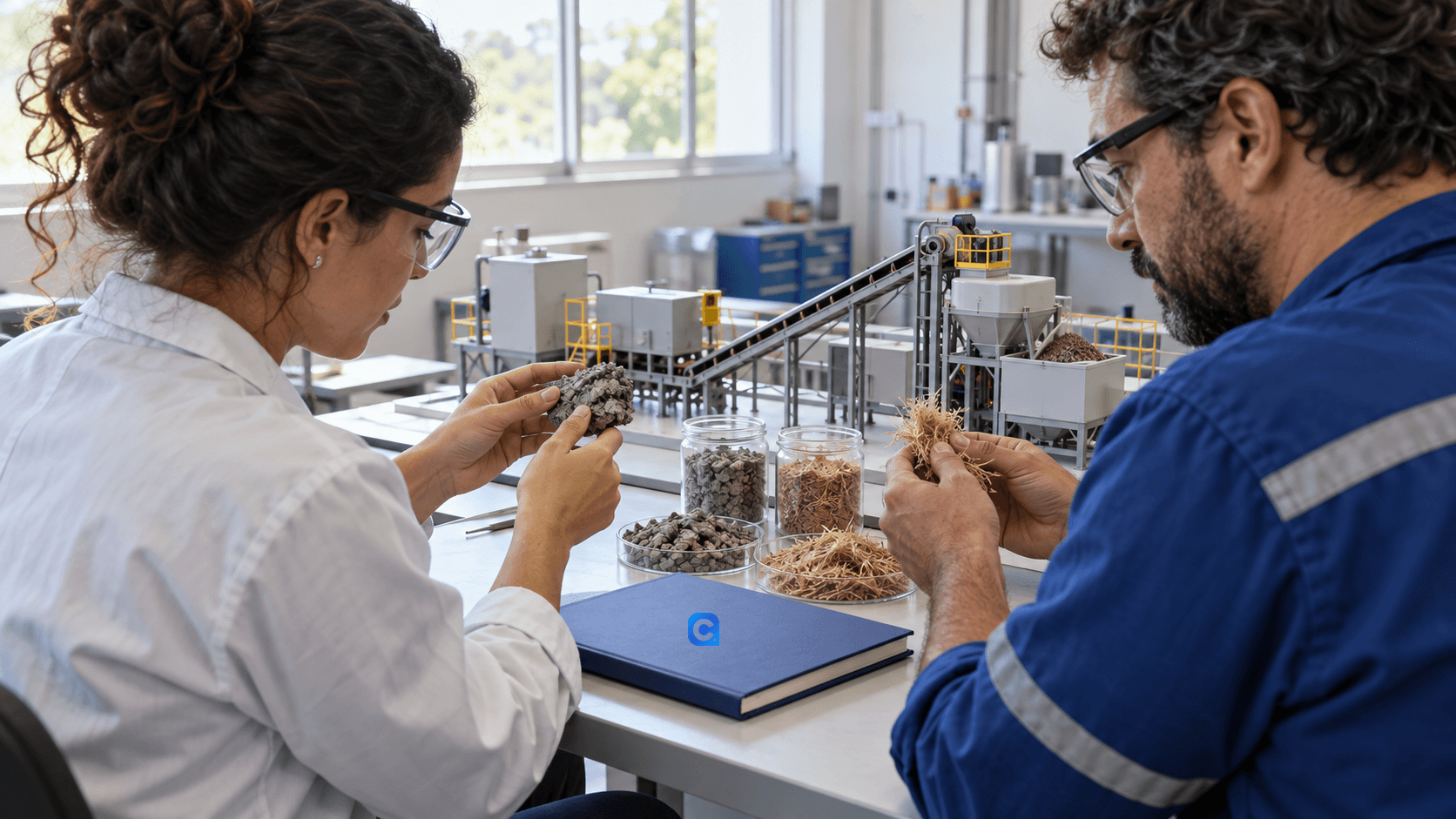 Pesquisadora e técnico avaliam amostras de materiais em uma oficina de pesquisa industrial, com uma maquete de linha de produção ao fundo.