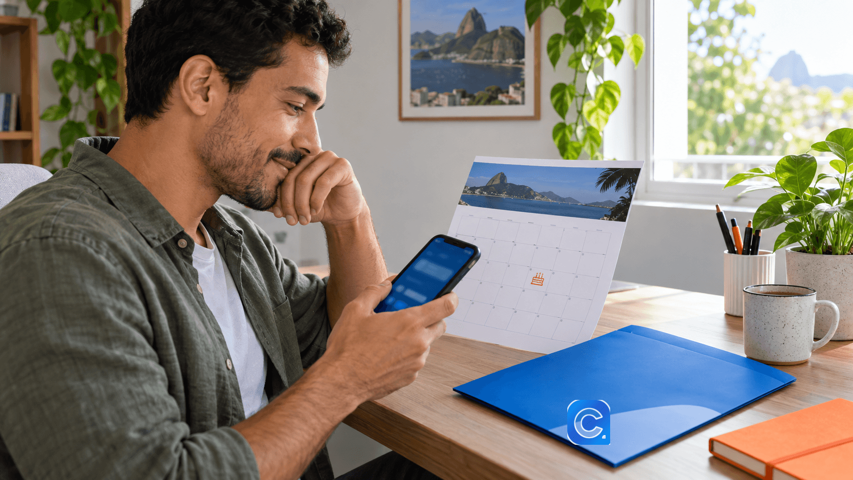Trabalhador consulta calendário e celular para verificar o saque-aniversário.