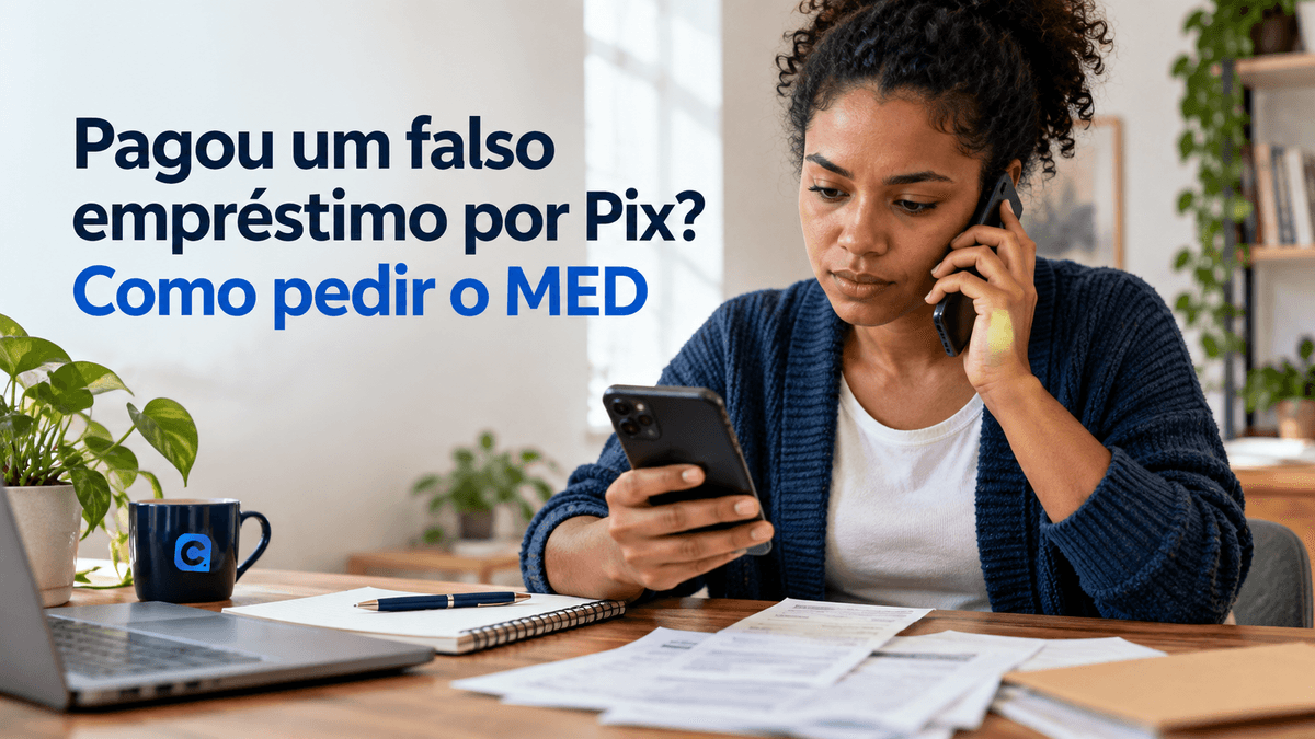 Mulher preocupada confere uma transacao no celular enquanto faz uma ligacao, com uma caneca azul sobre a mesa.