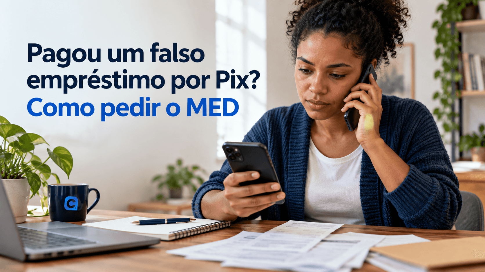 Mulher preocupada confere uma transacao no celular enquanto faz uma ligacao, com uma caneca azul sobre a mesa.