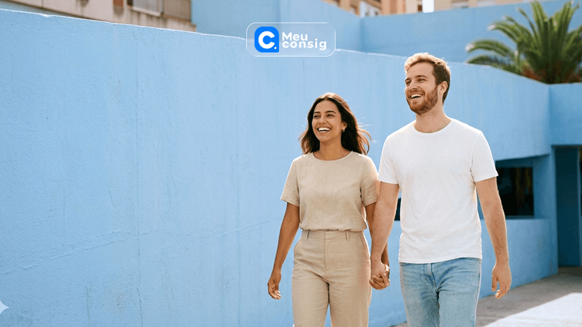 casal-feliz-caminhando-fundo-parede-azul
