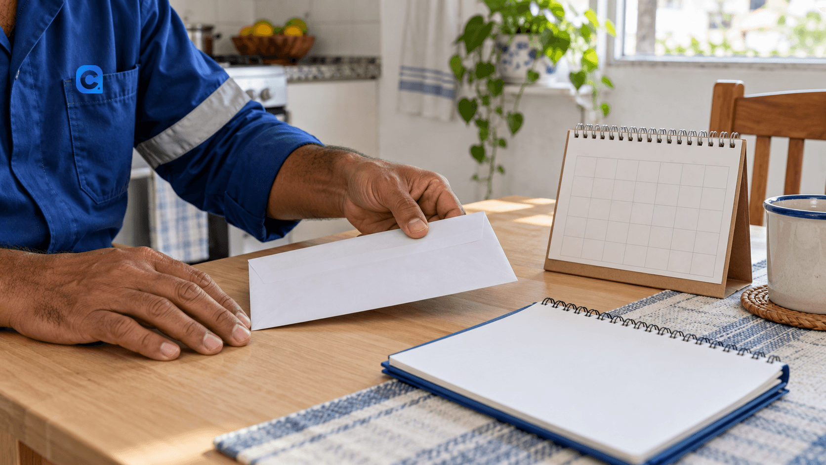 Pessoa trabalhadora em camisa azul observa um envelope de holerite em uma mesa de casa; calendário e caderno ajudam a organizar datas e comprovantes de pagamento.