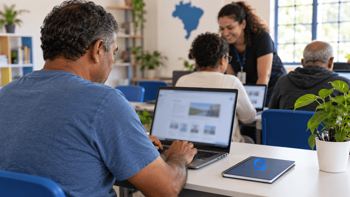 Trabalhador adulto acompanha uma aula de habilidades digitais no notebook em uma sala comunitária de aprendizagem; outras pessoas estudam ao fundo e o símbolo Meu Consig aparece uma vez na capa do caderno azul sobre a mesa.
