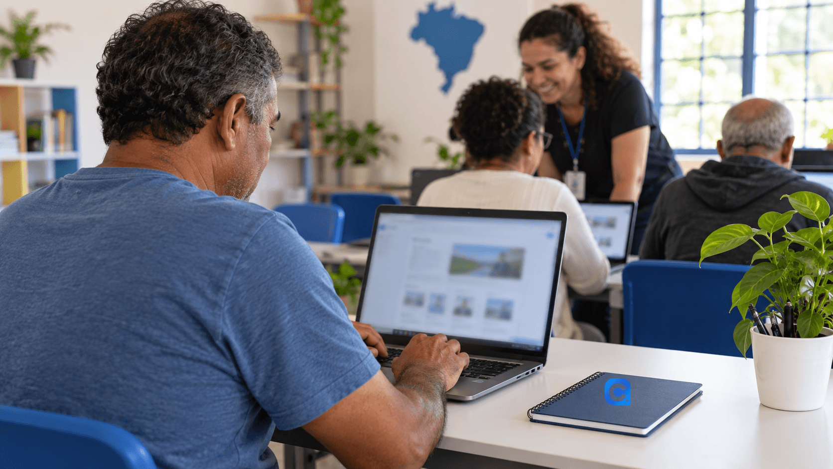 Trabalhador adulto acompanha uma aula de habilidades digitais no notebook em uma sala comunitária de aprendizagem; outras pessoas estudam ao fundo e o símbolo Meu Consig aparece uma vez na capa do caderno azul sobre a mesa.