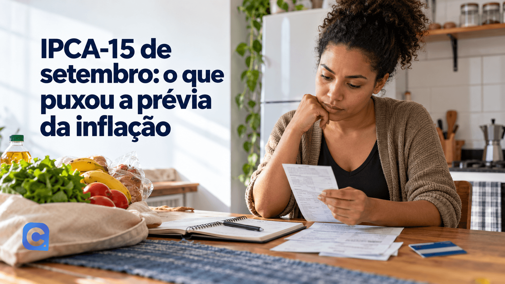 Mulher confere um comprovante e anotacoes de despesas na cozinha, com alimentos e uma sacola sobre a mesa.