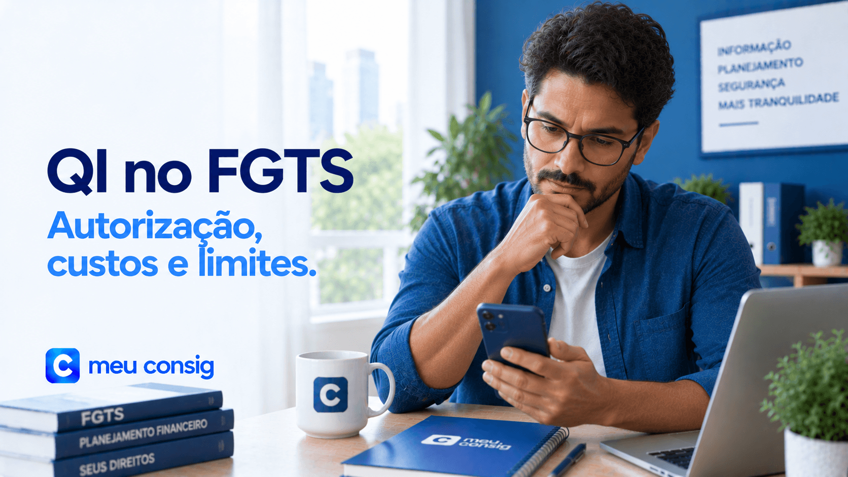 Capa Meu Consig: QI no FGTS, autorização, custos e limites; homem confere o celular.