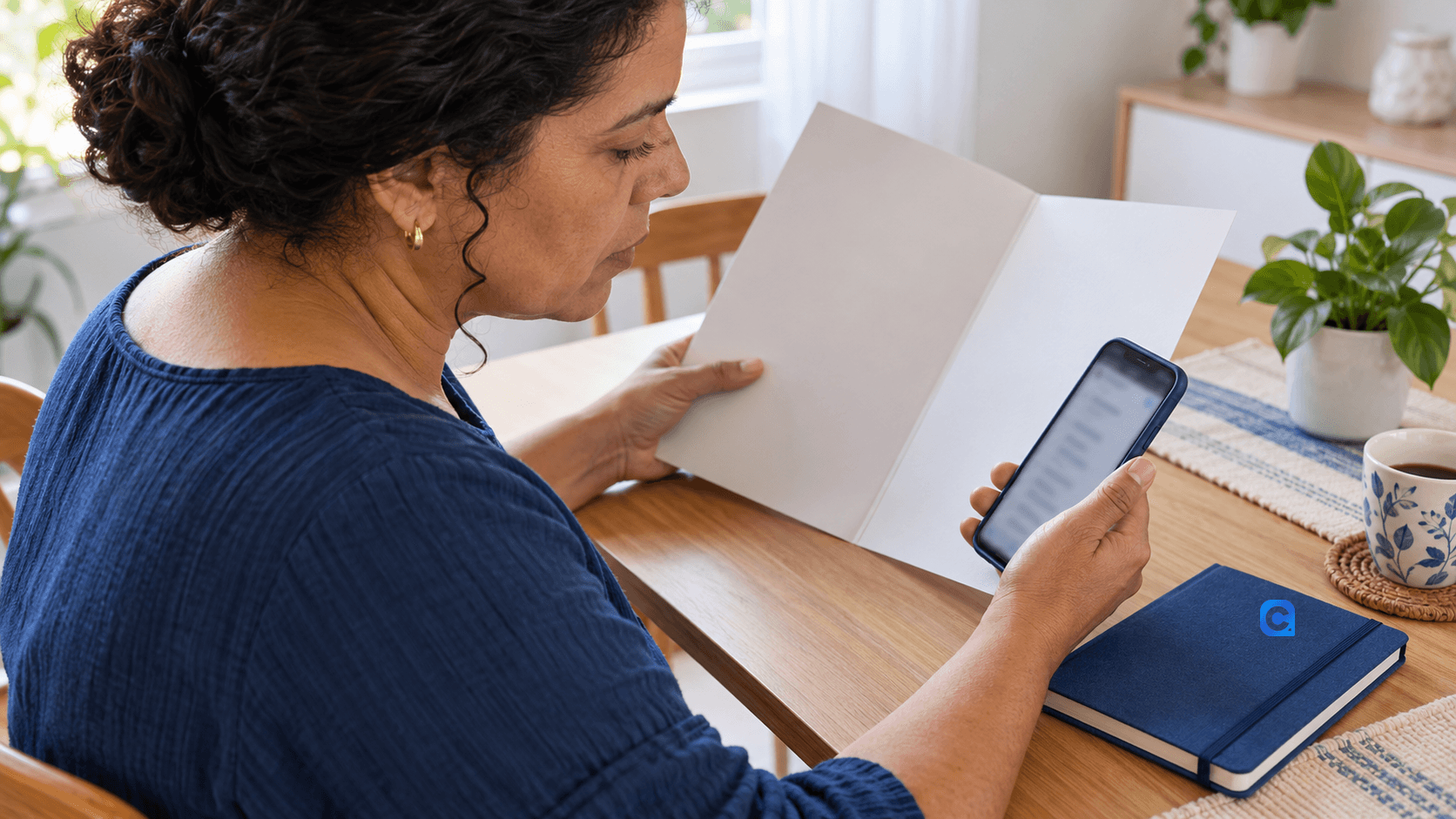Mulher adulta confere um celular e uma pasta de documentos sobre a mesa de casa, ao lado de um caderno azul.