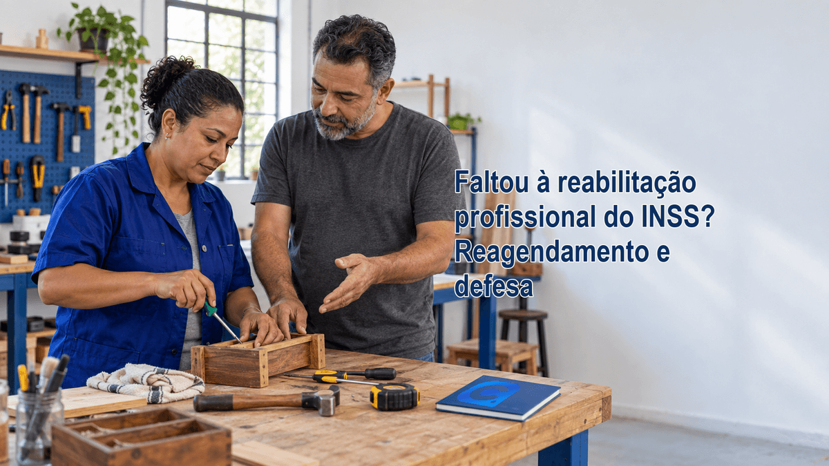 Trabalhadora e instrutor analisam uma atividade prática em oficina de reabilitação profissional, com símbolo Meu Consig discreto em um caderno azul.