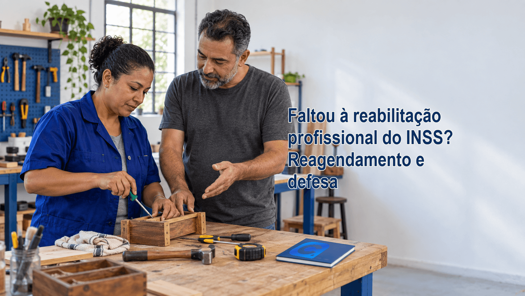 Trabalhadora e instrutor analisam uma atividade prática em oficina de reabilitação profissional, com símbolo Meu Consig discreto em um caderno azul.