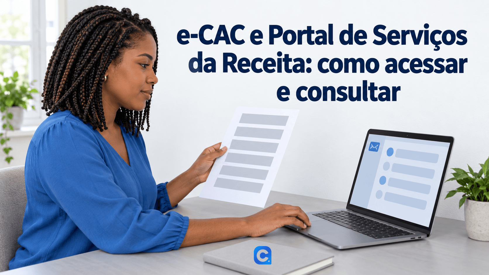 Mulher de blusa azul consulta mensagem ilustrativa no notebook e relatório sem dados, com símbolo Meu Consig no caderno cinza.