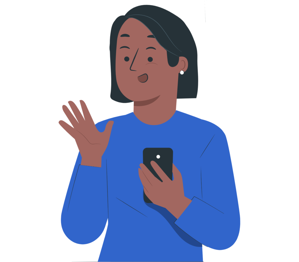 meu-consig-fgts-inss-mulher-negra-desenho-pop-segurando-celular-sorrindo