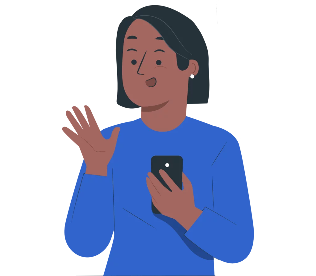 meu-consig-fgts-inss-mulher-negra-desenho-pop-segurando-celular-sorrindo