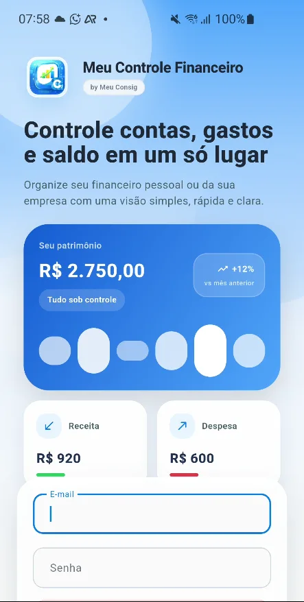 Tela real do aplicativo Meu Controle Financeiro