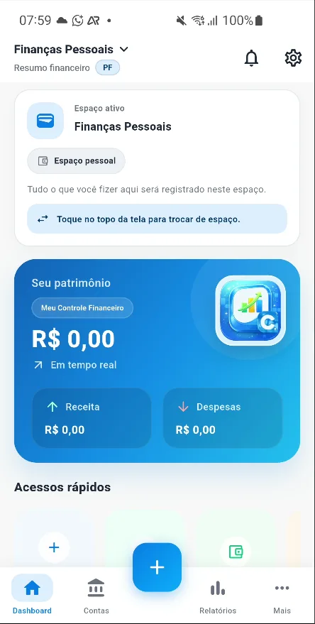 Tela do app de controle financeiro para MEI Meu Controle Financeiro