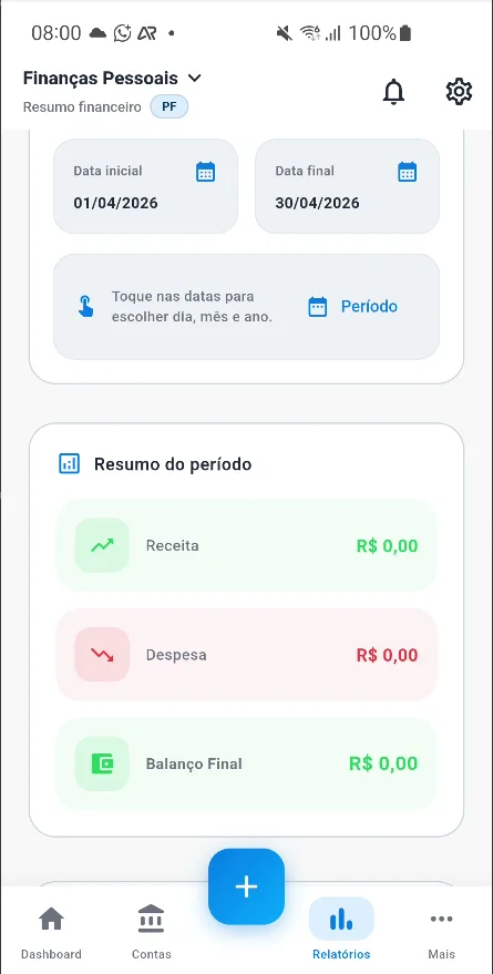Tela do app de controle financeiro para CNPJ Meu Controle Financeiro